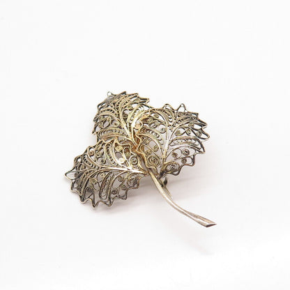 800 Silver Gold Plated Antique Leaf Filigree Pin Brooch