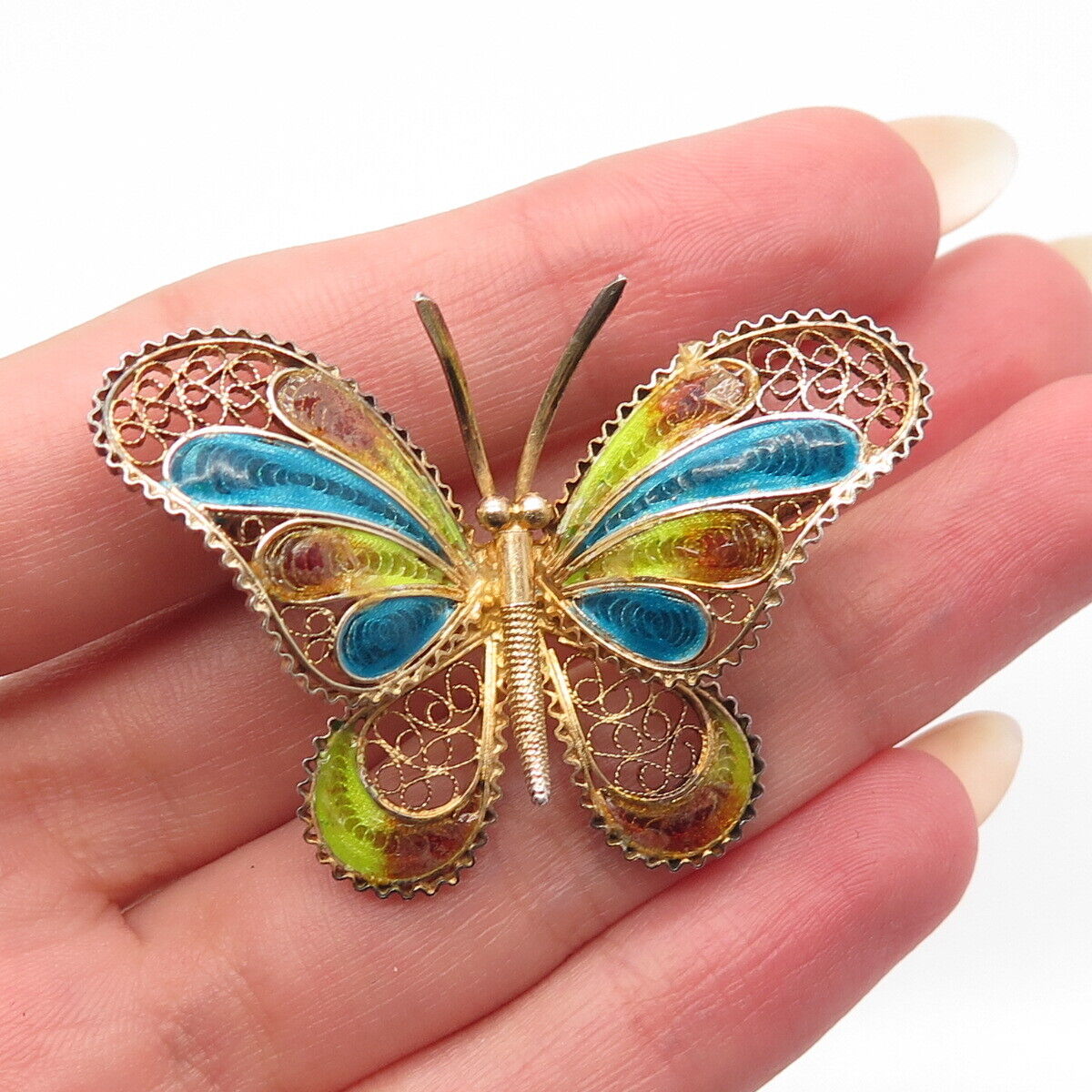 800 Silver Gold Plated Antique Enamel Butterfly Pin Brooch