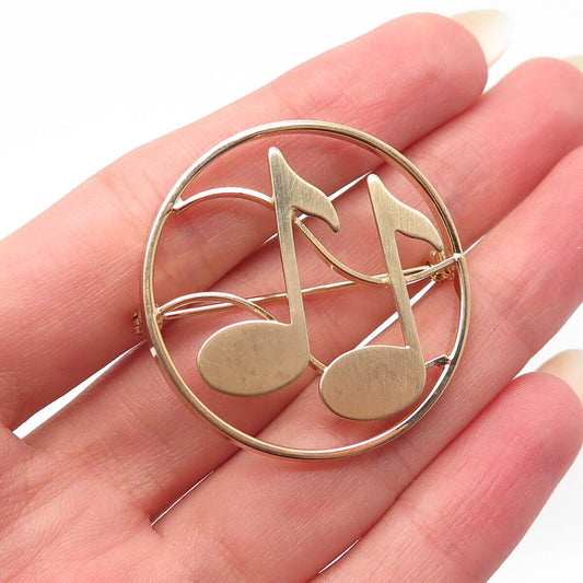 925 Sterling Silver Gold Plated Antique Beau Musical Notes Round Pin Brooch