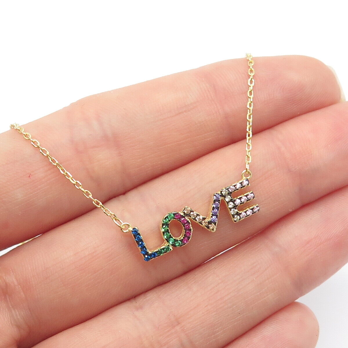 925 Sterling Silver Gold Plated Multi-Color C Z "LOVE" Rolo Chain Necklace 16"