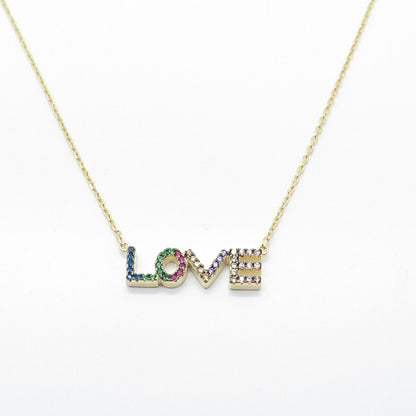 925 Sterling Silver Gold Plated Multi-Color C Z "LOVE" Rolo Chain Necklace 16"