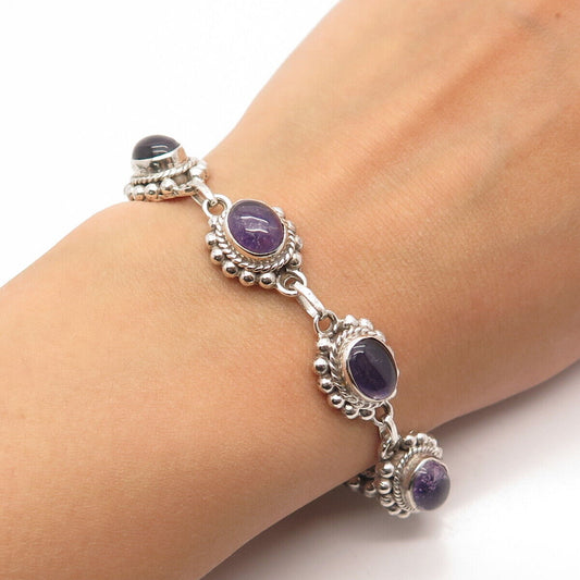 925 Sterling Silver Vintage Real Amethyst Gem Oval Link Bracelet 6.75"