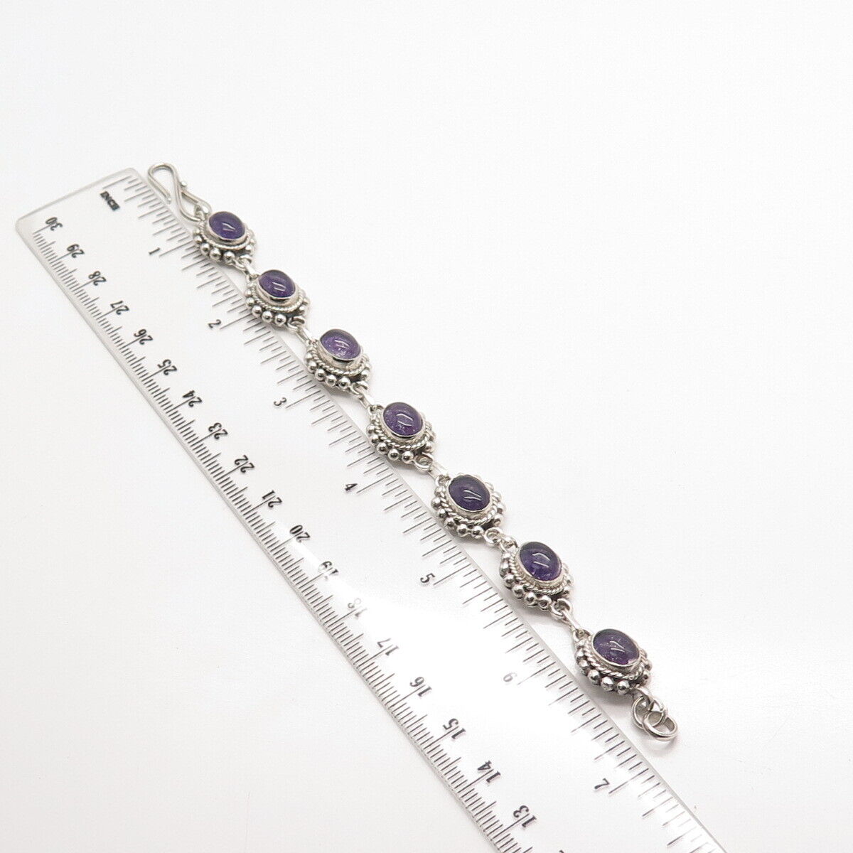 925 Sterling Silver Vintage Real Amethyst Gem Oval Link Bracelet 6.75"