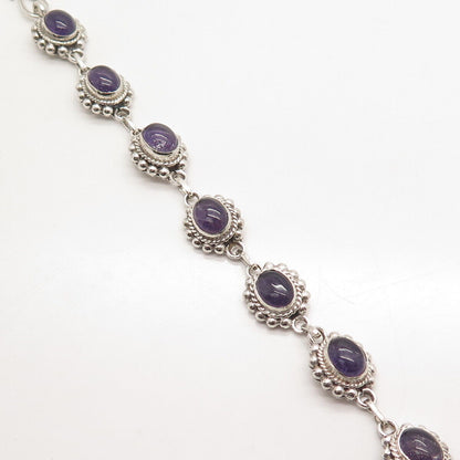 925 Sterling Silver Vintage Real Amethyst Gem Oval Link Bracelet 6.75"