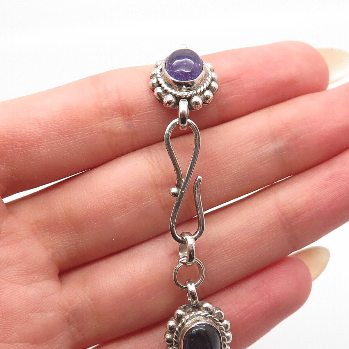 925 Sterling Silver Vintage Real Amethyst Gem Oval Link Bracelet 6.75"