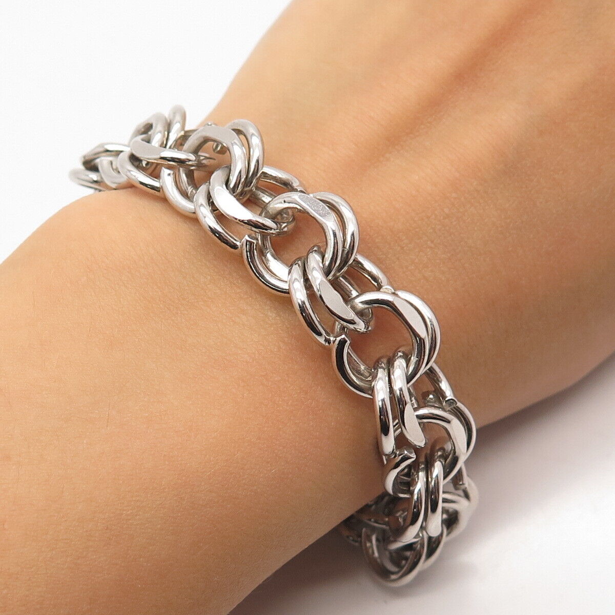 925 Sterling Silver Antique Double Round Link Bracelet 7"