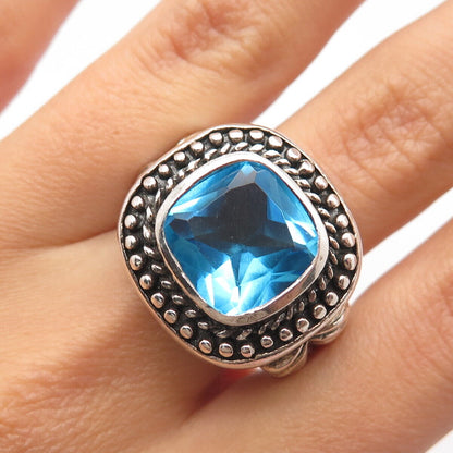 925 Sterling Silver Vintage Blue Glass Cushion-Cut Beaded Ring Size 8.25