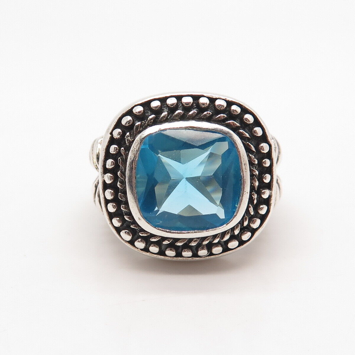 925 Sterling Silver Vintage Blue Glass Cushion-Cut Beaded Ring Size 8.25