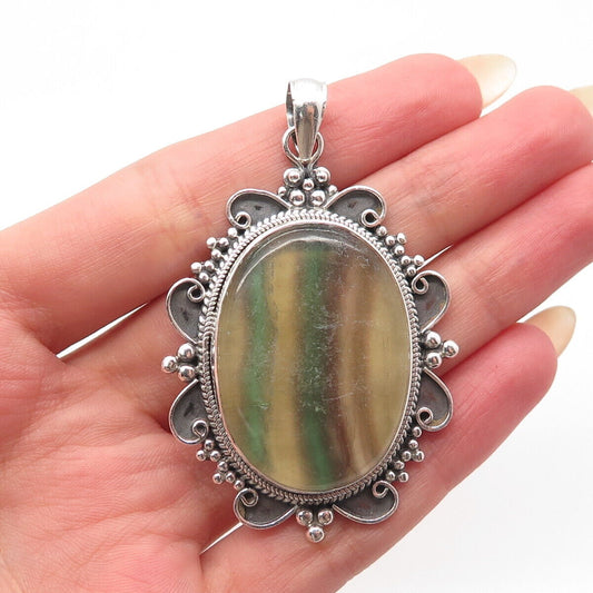 925 Sterling Silver Vintage Real Agate Gem Beaded Ornate Pendant