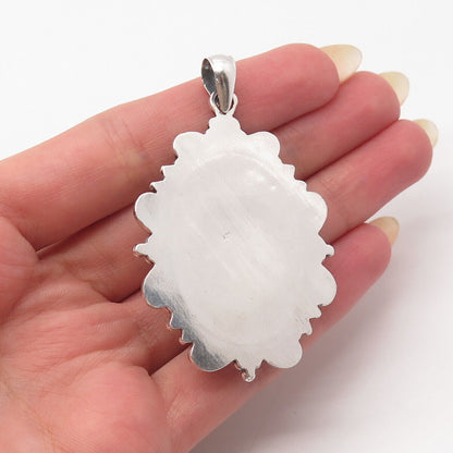 925 Sterling Silver Vintage Real Agate Gem Beaded Ornate Pendant