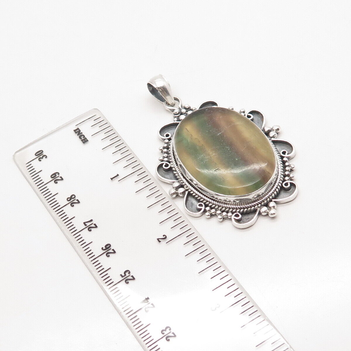 925 Sterling Silver Vintage Real Agate Gem Beaded Ornate Pendant