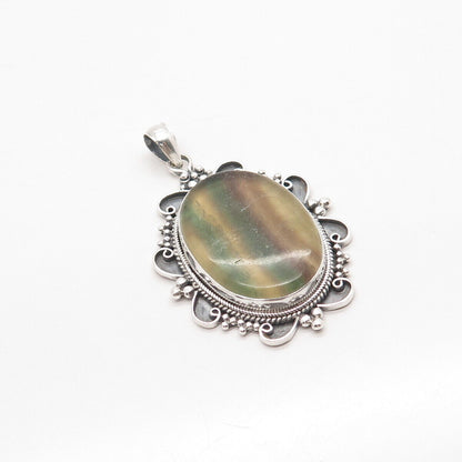 925 Sterling Silver Vintage Real Agate Gem Beaded Ornate Pendant