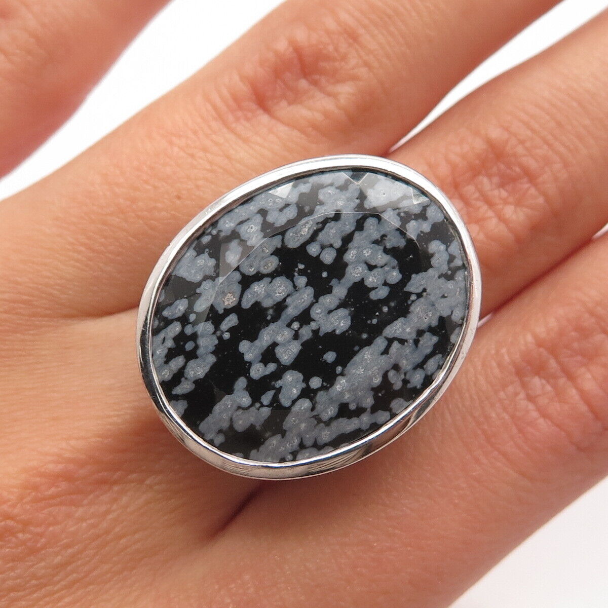 925 Sterling Silver Vintage Real Snowflake Obsidian Gemstone Ring Size 7.25