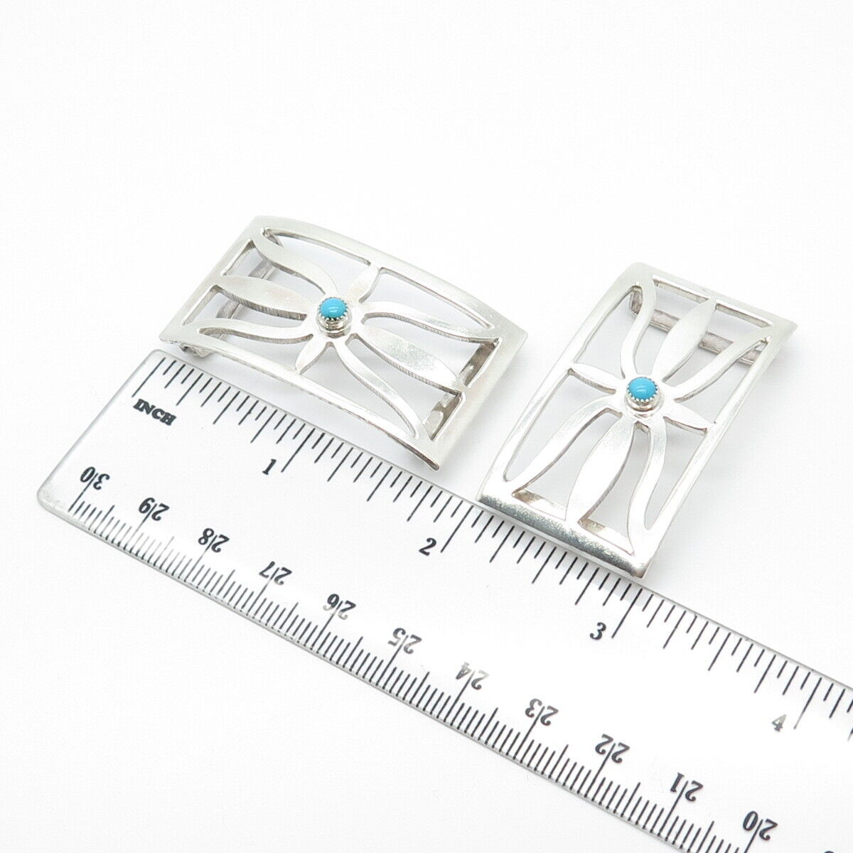 925 Sterling Silver Vintage Real Turquoise Gem Native Set of 2 Tribal Belt Parts