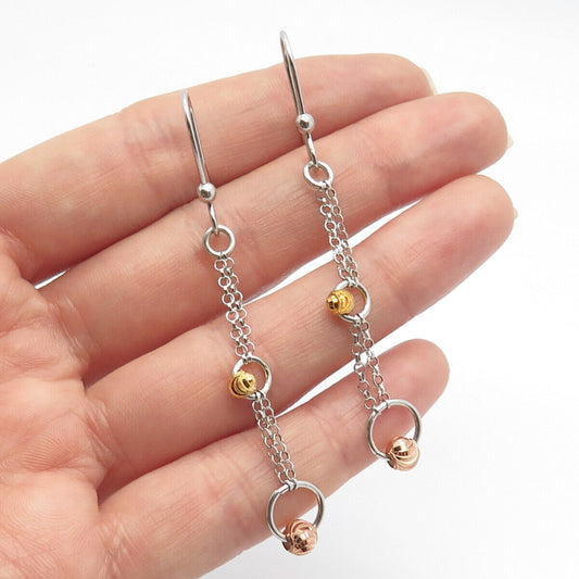 925 Sterling Silver 3-Tone Beaded Dangling Hook Earrings