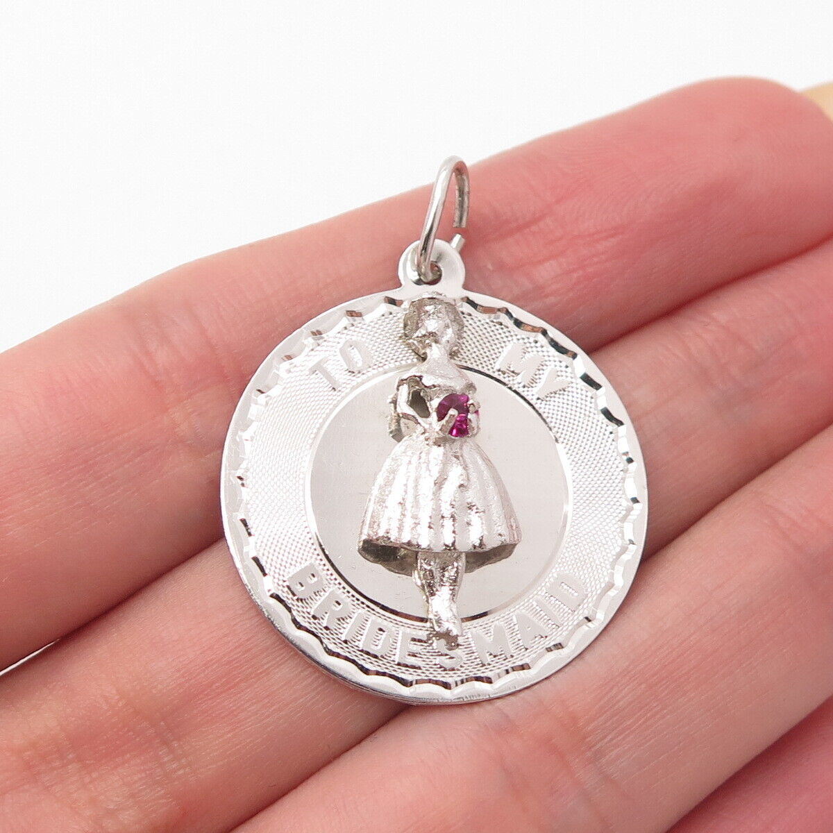 925 Sterling Silver Vintage Pink C Z "To My Bridesmaid" Round  Pendant