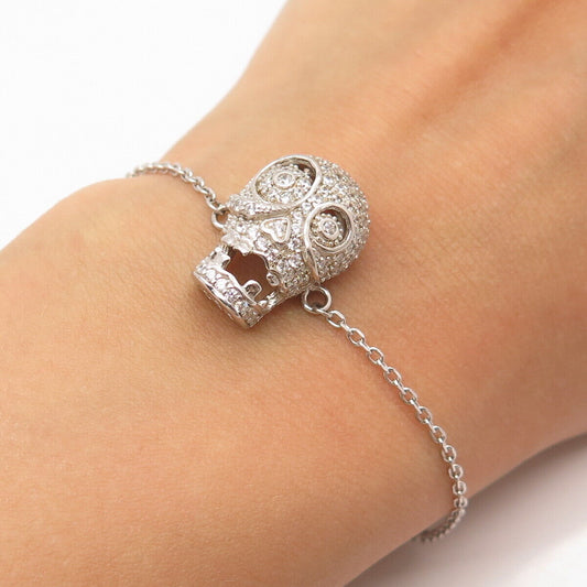 925 Sterling Silver Prizm C Z Skull Charm Cable Link Bracelet 8.5"
