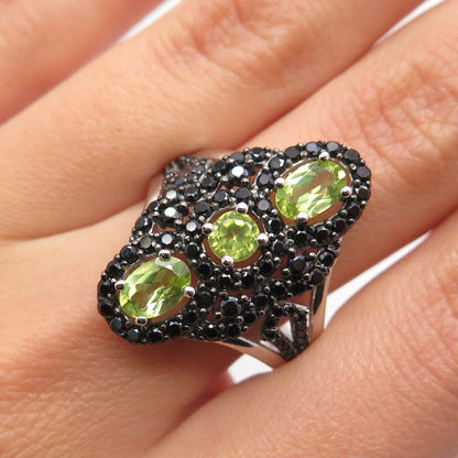 925 Sterling Silver Real Peridot & Black Spinel Statement Ring Size 7.75