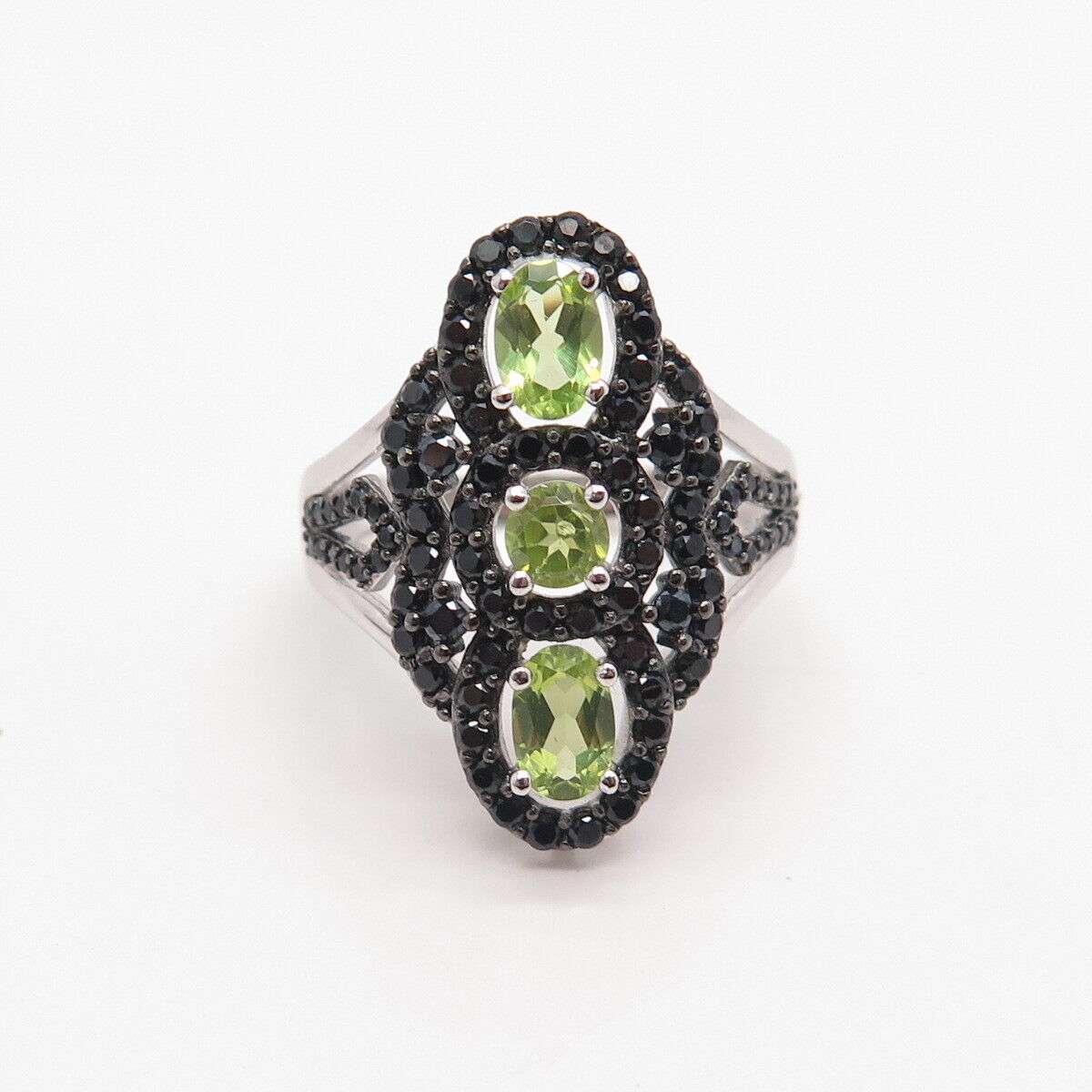 925 Sterling Silver Real Peridot & Black Spinel Statement Ring Size 7.75