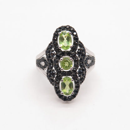 925 Sterling Silver Real Peridot & Black Spinel Statement Ring Size 7.75