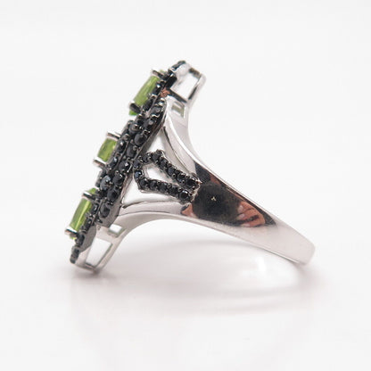 925 Sterling Silver Real Peridot & Black Spinel Statement Ring Size 7.75