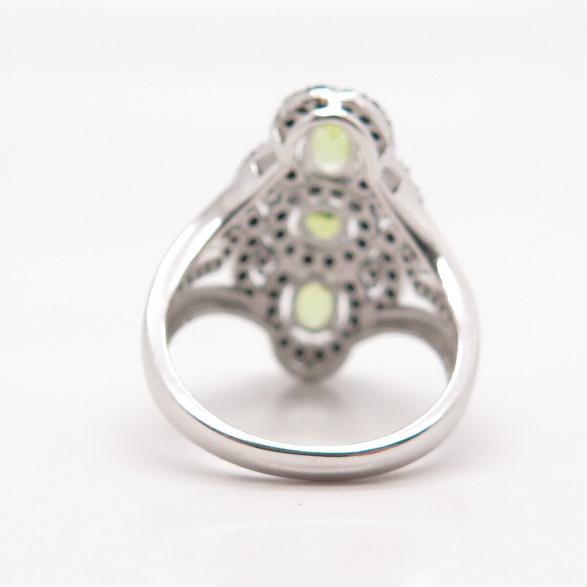 925 Sterling Silver Real Peridot & Black Spinel Statement Ring Size 7.75