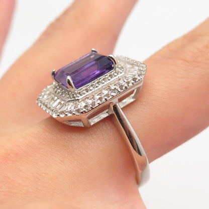 925 Sterling Silver Real White Topaz & Amethyst Gem Radiant-Cut Ring Size 7