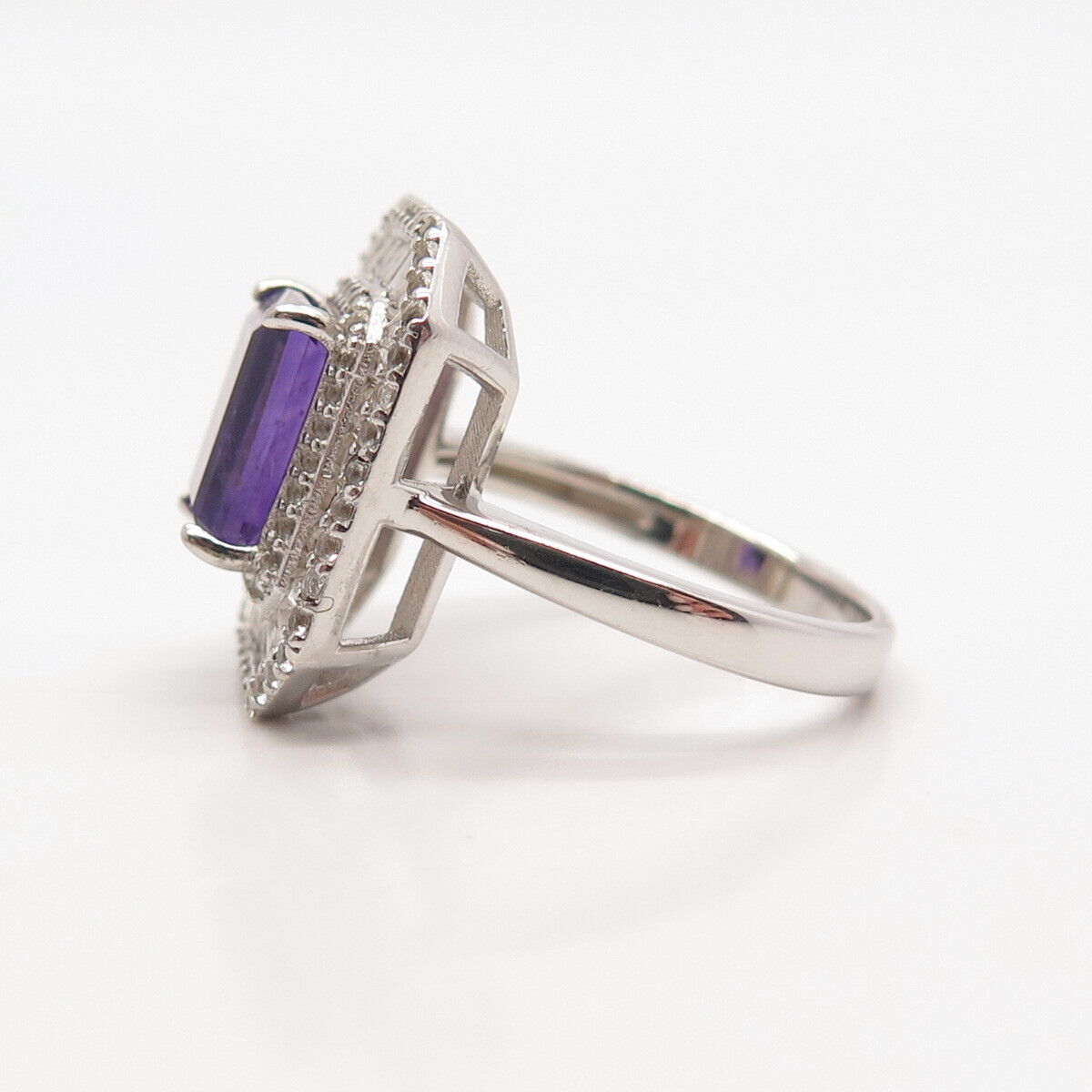 925 Sterling Silver Real White Topaz & Amethyst Gem Radiant-Cut Ring Size 7