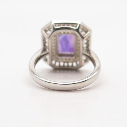 925 Sterling Silver Real White Topaz & Amethyst Gem Radiant-Cut Ring Size 7