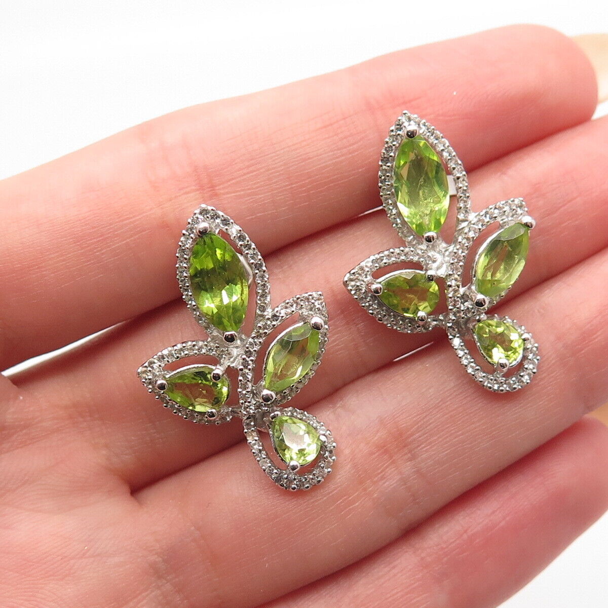 925 Sterling Silver Real Peridot & White Topaz Gemstone Leaf Earrings