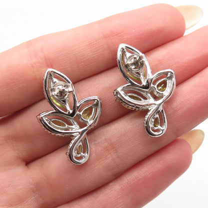 925 Sterling Silver Real Peridot & White Topaz Gemstone Leaf Earrings