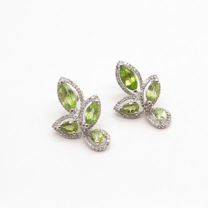 925 Sterling Silver Real Peridot & White Topaz Gemstone Leaf Earrings