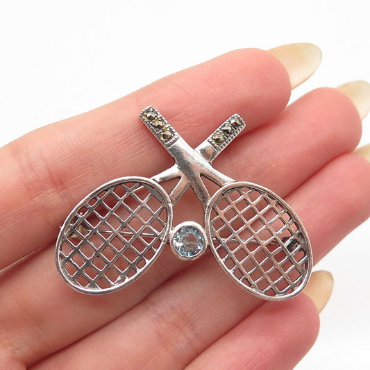 925 Sterling Silver Vintage Real Blue Topaz & Marcasite Tennis Racquets Brooch