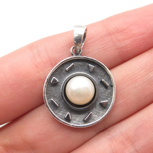 925 Sterling Silver Vintage Real Pearl Round Pendant