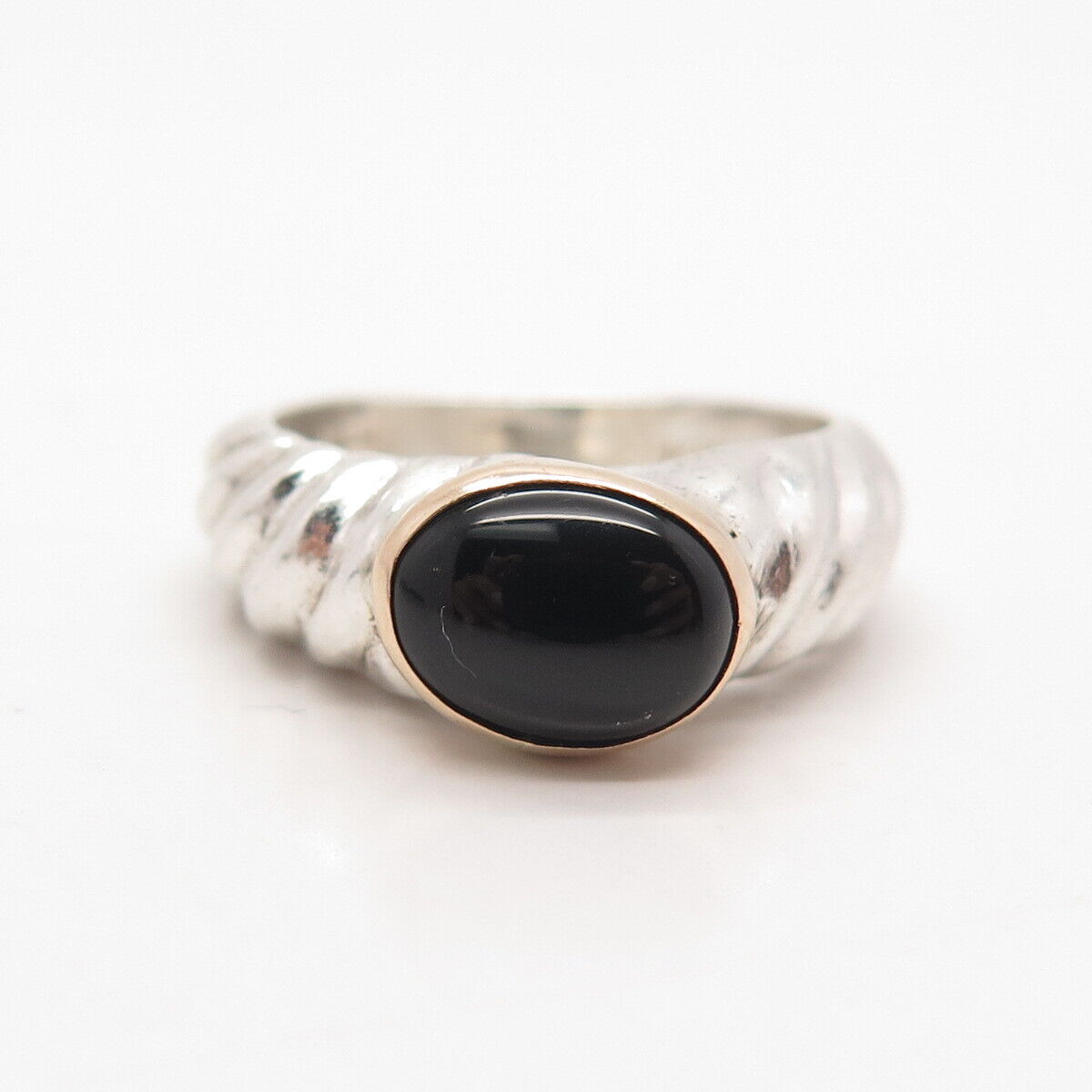 925 Sterling Silver / 14K Gold 2-Tone Vintage Real Black Onyx Gem Ring Size 5.75