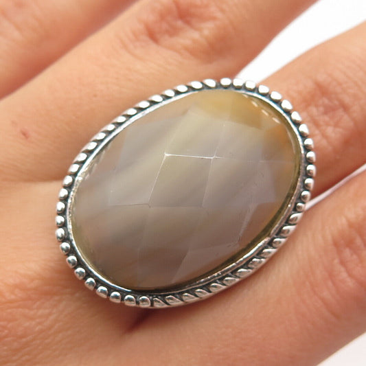 925 Sterling Silver Vintage AF Real Agate Gemstone Ornate Wide Oval Ring Size 6