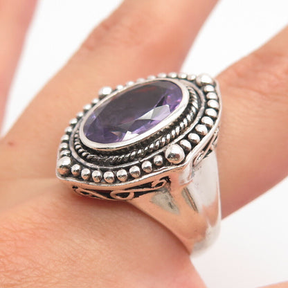 925 Sterling Silver Vintage Real Amethyst Gem Beaded Oval Ring Size 7.25