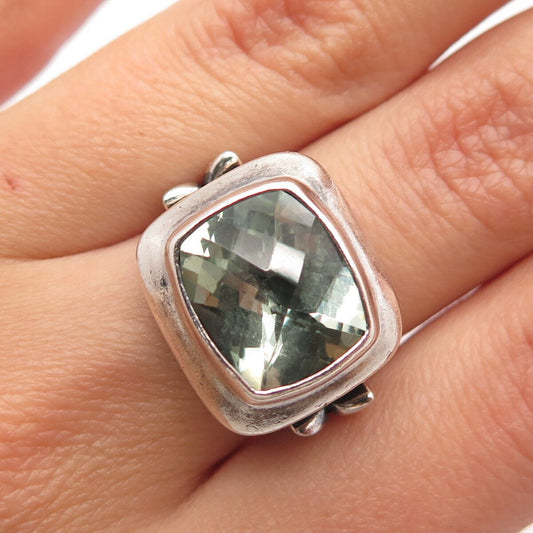 925 Sterling Silver Vintage Real Green Amethyst Gemstone Ornate Ring Size 5.75