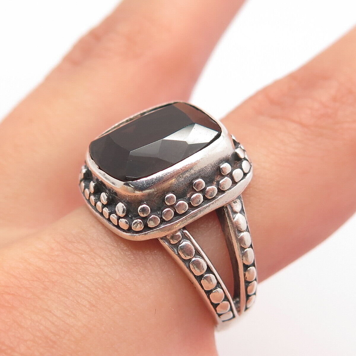 925 Sterling Silver Vintage Real Smoky Quartz Dots Ring Size 7.25