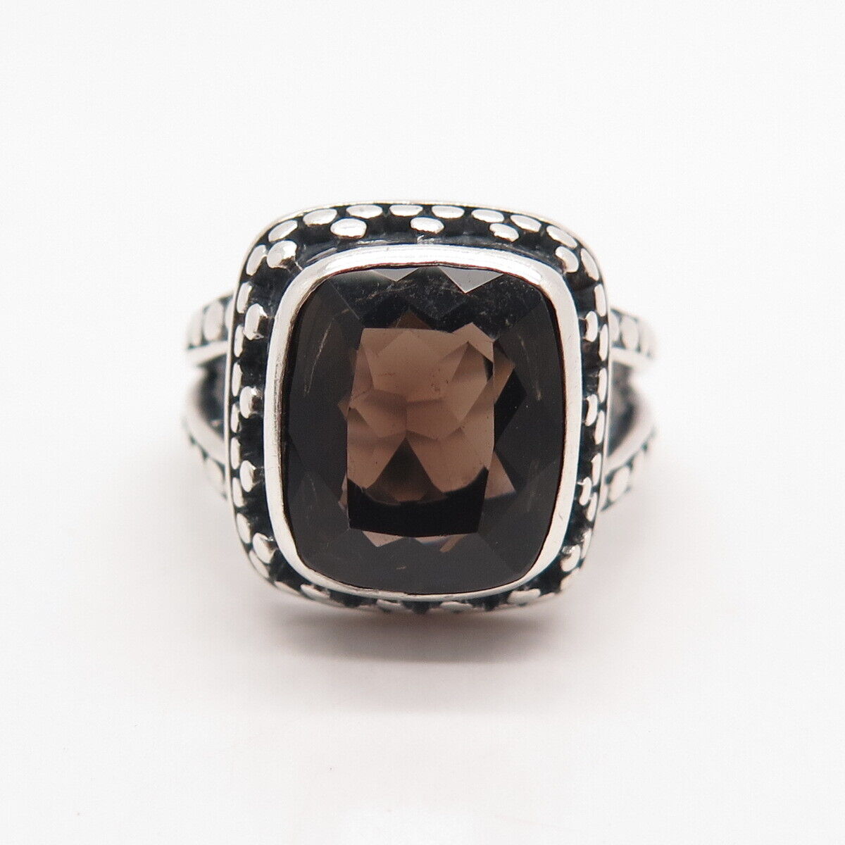 925 Sterling Silver Vintage Real Smoky Quartz Dots Ring Size 7.25