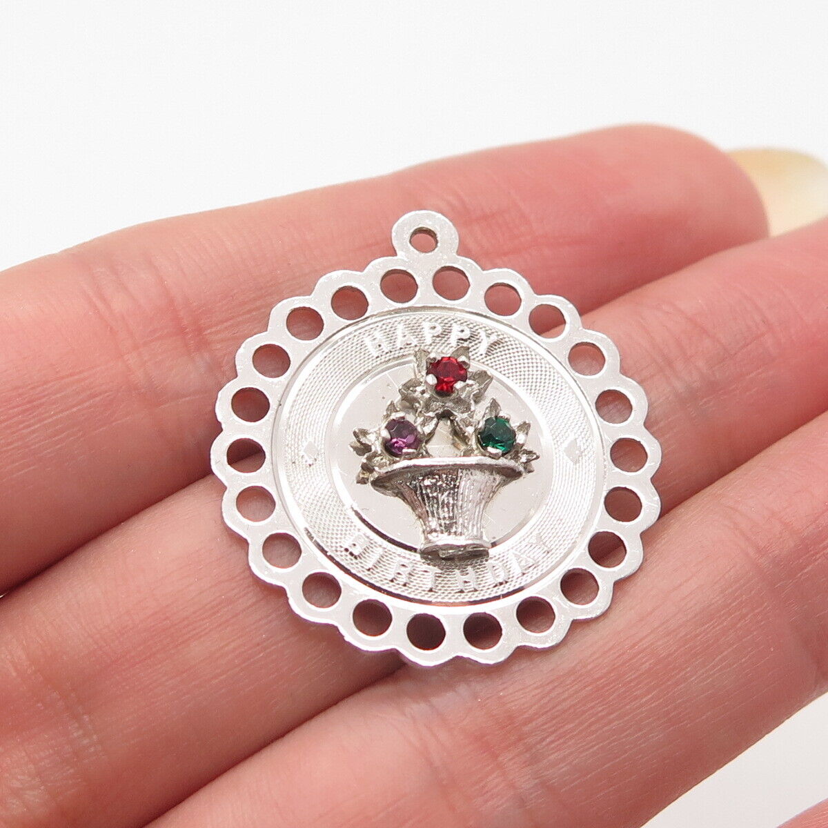 925 Sterling Silver Vintage Glass «Happy Birthday” Basket w/ Flowers Pendant