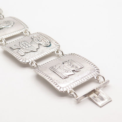 900 Silver Vintage Tribal God Wide Panel Link Bracelet 8"