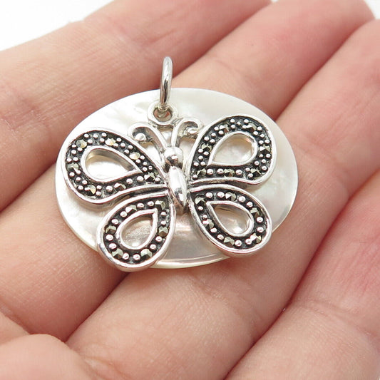 925 Sterling Silver Vintage Mother-of-Pearl & Marcasite Gem Butterfly Pendant