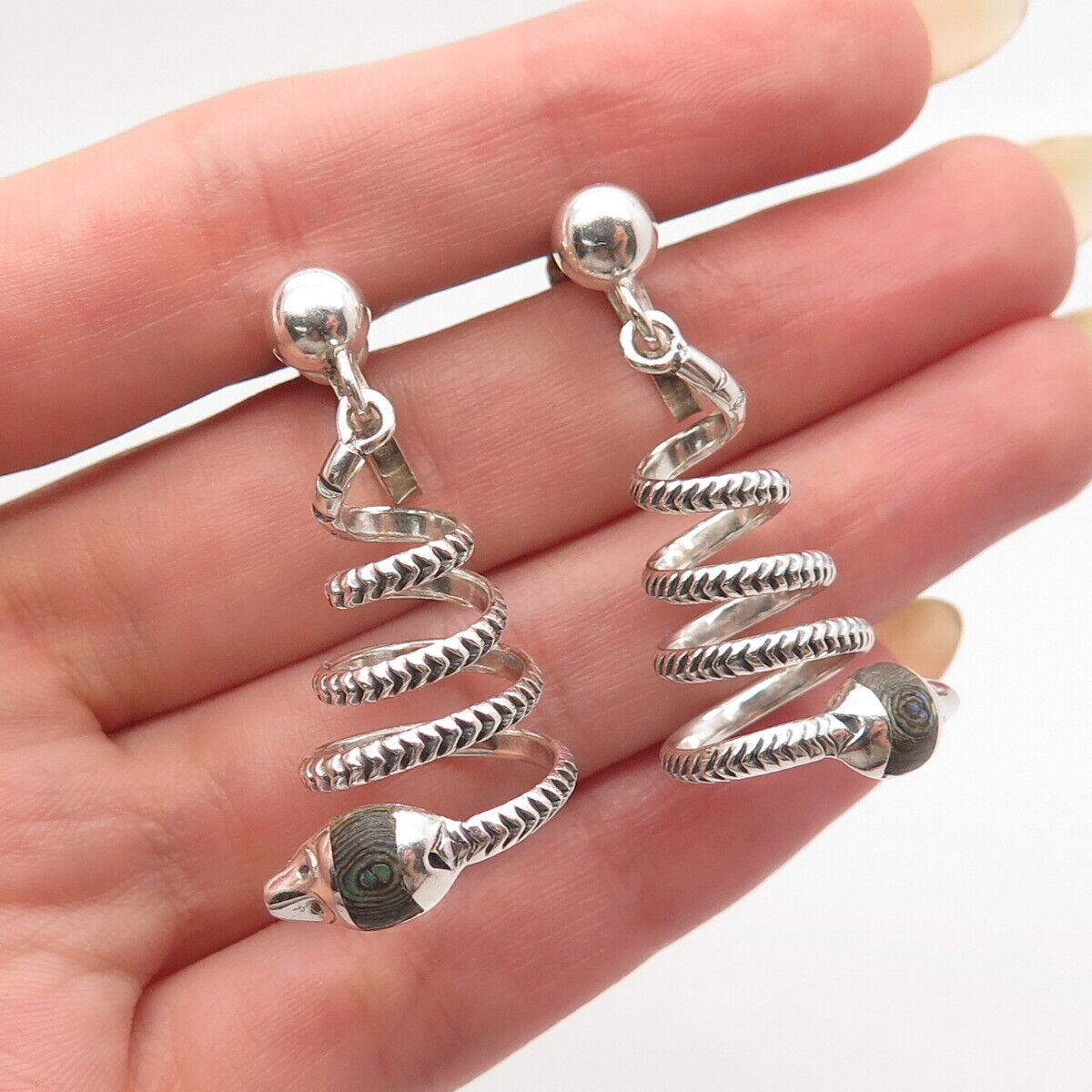 925 Sterling Silver Vintage Mexico Abalone Shell Snake Screw Back Earrings