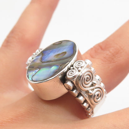 925 Sterling Silver Vintage Sajen Real Abalone Shell MOP Reversible Ring Size 7