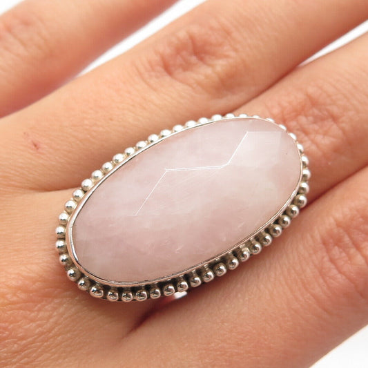 925 Sterling Silver Vintage AF Rose Quartz Beaded Oval Statement Ring Size 8