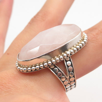 925 Sterling Silver Vintage AF Rose Quartz Beaded Oval Statement Ring Size 8