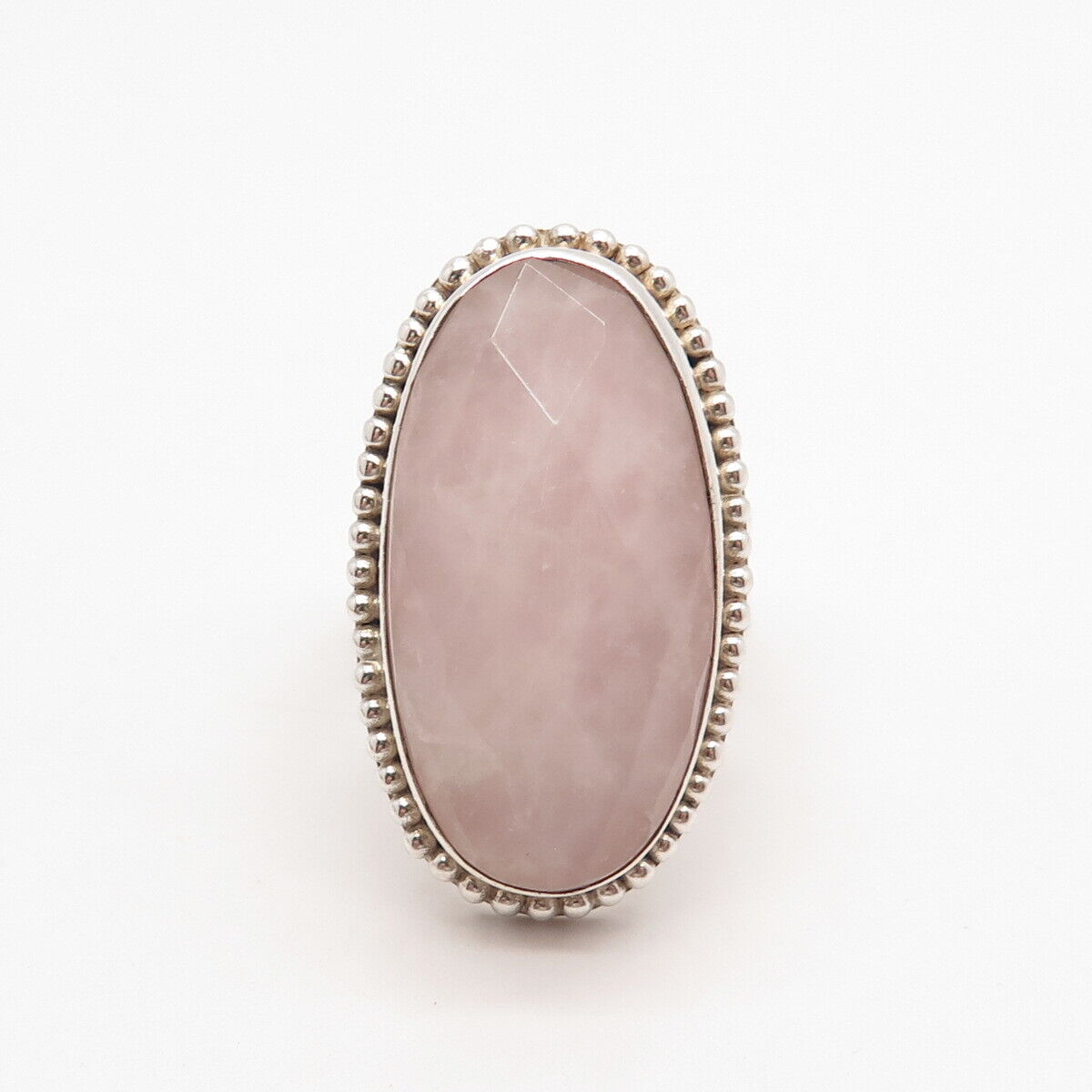925 Sterling Silver Vintage AF Rose Quartz Beaded Oval Statement Ring Size 8