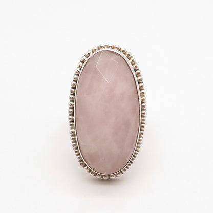 925 Sterling Silver Vintage AF Rose Quartz Beaded Oval Statement Ring Size 8