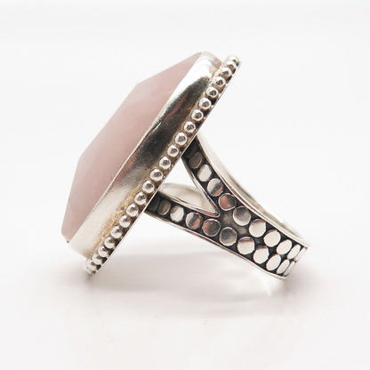 925 Sterling Silver Vintage AF Rose Quartz Beaded Oval Statement Ring Size 8